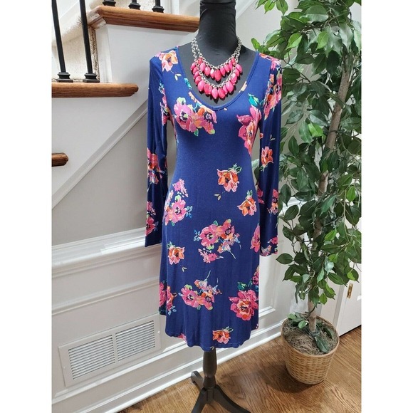 Dearcase Women's Blue Floral Rayon V-Neck Long Sleeve Knee Length Dress Size M - Picture 12 of 12